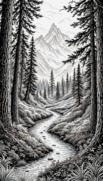 A serene black-and-white wilderness scene featuring towering trees, a winding river, and majestic mountains, perfect for a phone wallpaper.