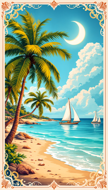 A vibrant tropical island scene featuring palm trees, a sandy beach, and sailboats on calm waters, set against a blue sky with fluffy clouds, perfect for a phone wallpaper.