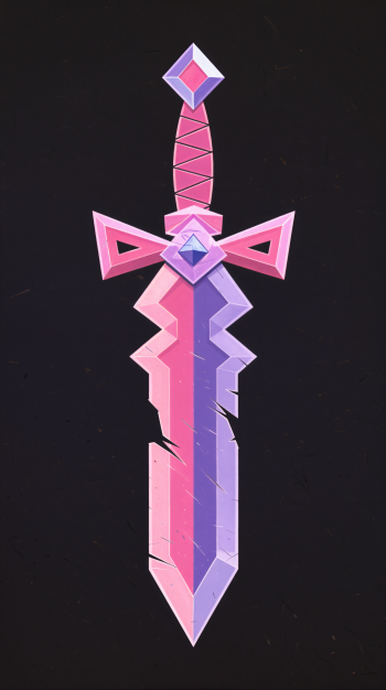 A striking legendary sword design featuring sharp, geometric shapes in shades of pink and purple, set against a black background, designed as a captivating phone wallpaper.