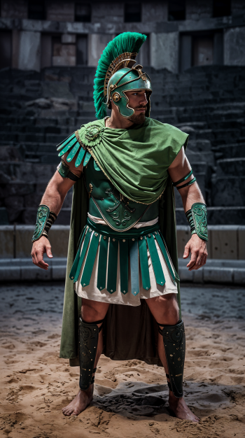 A Roman gladiator stands confidently in green armor, complete with a feathered helmet and detailed attire, set against a dramatic arena background, ideal for a striking phone wallpaper.