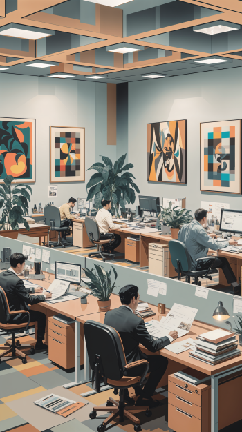 A modern office scene featuring individuals working at desks amidst vibrant artwork and greenery, designed as a phone wallpaper.