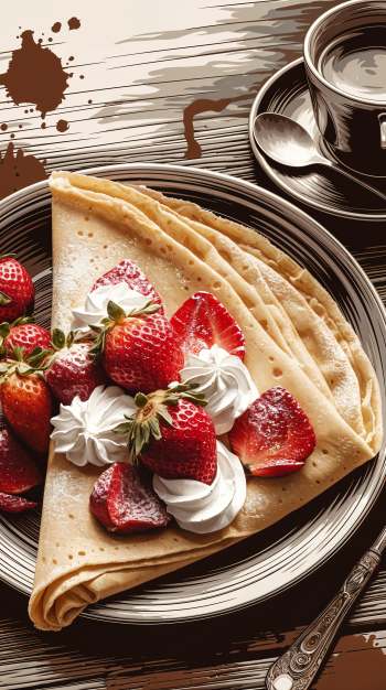 A delectable crêpe filled with fresh strawberries and whipped cream, served on a decorative plate alongside a cup of coffee, perfect for a phone wallpaper.
