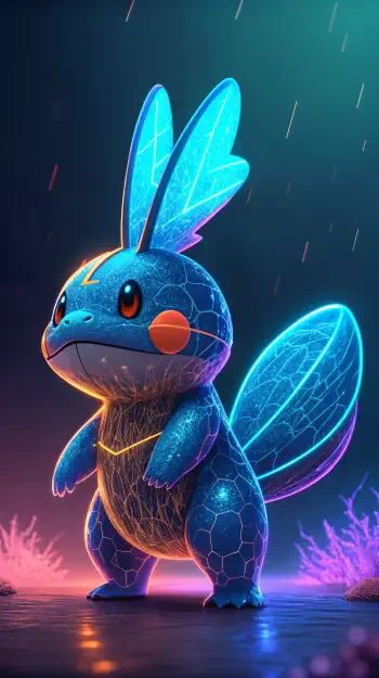 A vibrant phone wallpaper featuring Mudkip, the beloved water-type Pokémon, illuminated with glowing blue and teal hues against a colorful backdrop. Perfect for fans of the series.