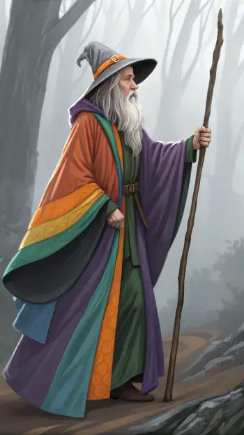 A mystical wizard in a colorful cloak and pointed hat stands on a forest path, holding a staff. This enchanting image is designed as a phone wallpaper featuring Gandalf.