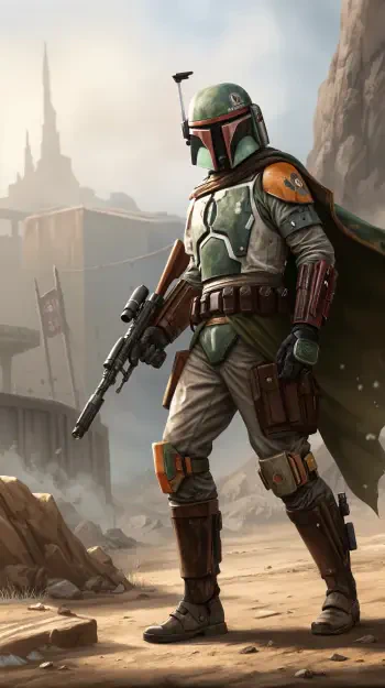 A striking phone wallpaper featuring Boba Fett, the iconic bounty hunter, standing confidently in a rugged landscape, ready for action amidst a desolate backdrop.