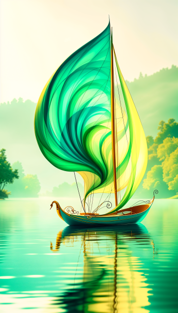 A vibrant sailboat with swirling green and yellow sails glides gracefully across a calm, reflective lake, surrounded by lush greenery, making a stunning phone wallpaper.