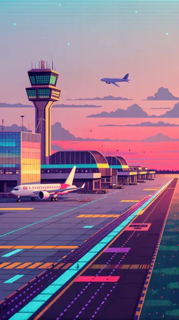 A vibrant airport scene featuring a control tower, parked airplanes, and a departing flight against a colorful sunset, designed as a phone wallpaper.