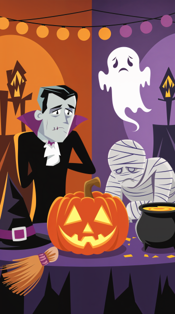 A whimsical Halloween party wallpaper featuring a vampire, a mummy, a carved pumpkin, and a ghost, all set against a festive backdrop of colors and decorations.