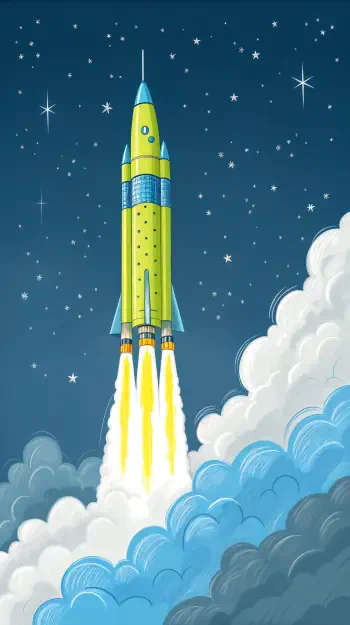A vibrant illustration of a rocket launching into a starry sky, surrounded by clouds, designed as a dynamic phone wallpaper.