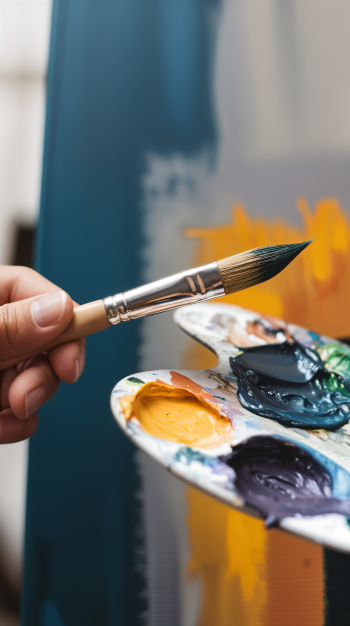 A hand holds a paintbrush over a vibrant palette filled with various colors, with a colorful abstract painting in the background, creating an inspiring artistic atmosphere for a phone wallpaper.