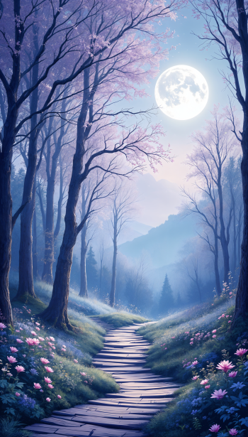 A serene moonlit forest scene features a winding path amidst trees and blooming flowers, creating a tranquil atmosphere perfect for a phone wallpaper.