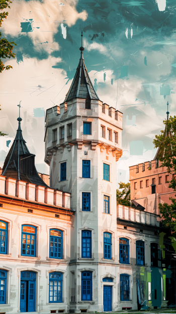 A beautiful palace with a turret and blue windows under a cloudy sky, designed as a stunning phone wallpaper.