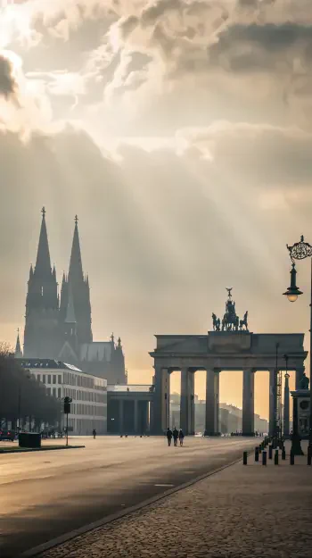 A serene view of the Brandenburg Gate in Berlin, Germany, with gothic spires in the background, illuminated by soft rays of sunlight and framed by a tranquil street scene.