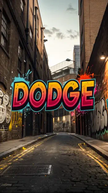 A vibrant phone wallpaper featuring the word DODGE in bold, colorful letters, set against a city alleyway adorned with graffiti and a moody sky.