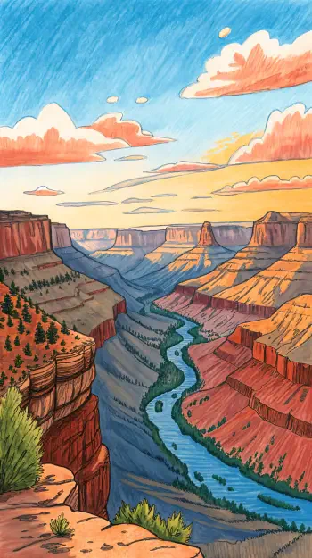 A vibrant illustration of the Grand Canyon at sunset, featuring layered cliffs and a winding river, perfect as a phone wallpaper to capture the beauty of this natural landmark.
