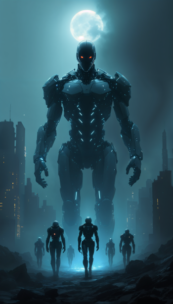 A dramatic phone wallpaper depicting a towering robot with glowing eyes, surrounded by smaller androids, set against a futuristic cityscape and a moonlit sky, embodying an AI uprising.