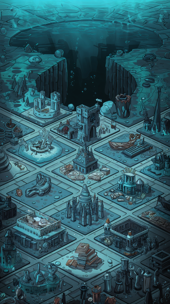 A detailed illustration of an underwater city, featuring intricate structures, monuments, and aquatic elements, designed as a captivating phone wallpaper.