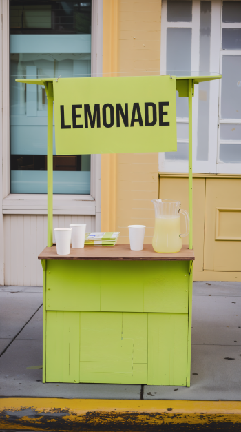 A vibrant lime-green lemonade stand with a large sign offering lemonade. The setup includes a pitcher and plastic cups, set against a colorful backdrop, perfect for a phone wallpaper.