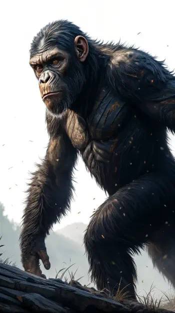 A detailed illustration of a powerful ape standing on a log, showcasing its muscular physique against a natural backdrop, perfect as a striking phone wallpaper.