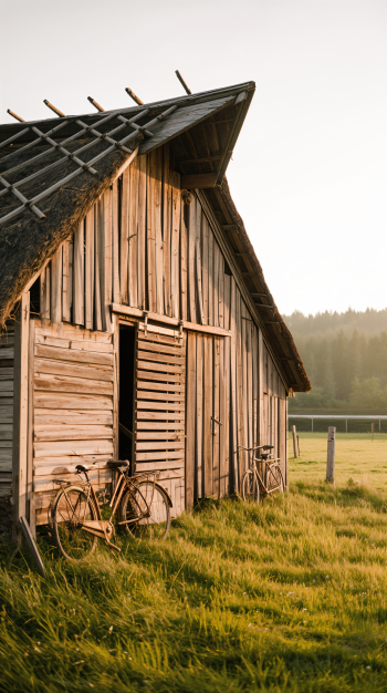 A rustic barn with wooden siding and two bicycles resting by the entrance, surrounded by vibrant green grass under a soft sunset glow. This serene scene makes for a charming phone wallpaper.