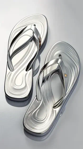 A close-up of silver flip flops with a wavy design, set against a sleek background, makes for a stylish phone wallpaper.