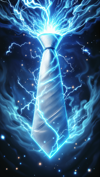 A striking phone wallpaper featuring a glowing blue tie surrounded by dynamic lightning and cosmic elements, showcasing a blend of elegance and energy.