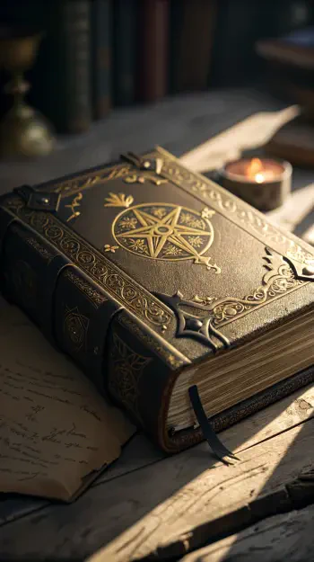 A beautifully detailed spellbook rests on a wooden table, softly illuminated. The design features intricate gold patterns and a compass symbol, enhancing its enchanting vibe.