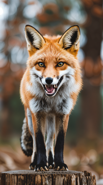 A striking fox stands on a log, showcasing its vibrant orange fur and expressive eyes. This captivating image serves as a phone wallpaper, bringing a touch of nature to your device.