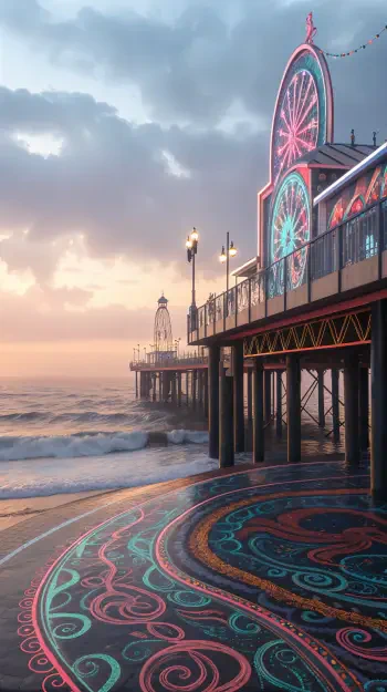A vibrant pier glows with colorful lights against a serene sunset, reflecting beautifully on the waves, creating an enchanting phone wallpaper.