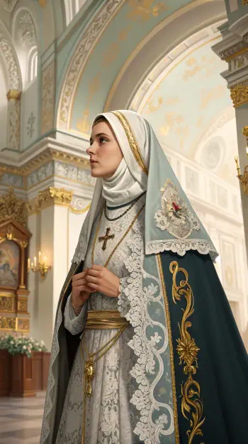 A serene nun in ornate robes stands gracefully in a grand, decorated interior, showcasing intricate details, suitable for a phone wallpaper that inspires tranquility.
