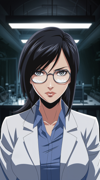 A striking sci-fi anime character with glasses and dark hair stands confidently in a laboratory setting, making for an engaging phone wallpaper.