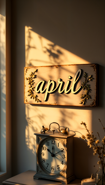 A cozy scene featuring a decorative April sign bathed in warm sunlight, accompanied by a vintage clock and delicate flowers, creating an inviting phone wallpaper.