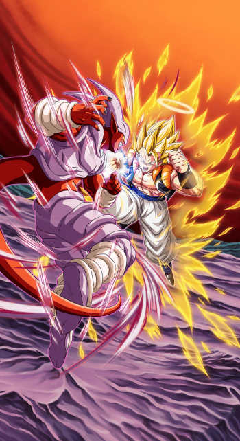 Gogeta battles Janemba in a dynamic scene from Dragon Ball Z Dokkan Battle, captured as an energetic phone wallpaper bursting with vibrant colors and action.