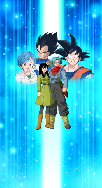 A vibrant phone wallpaper from Dragon Ball Z Dokkan Battle featuring Trunks, Mai, and Bulma, set against a dynamic blue background with Goku and Vegeta in the backdrop.