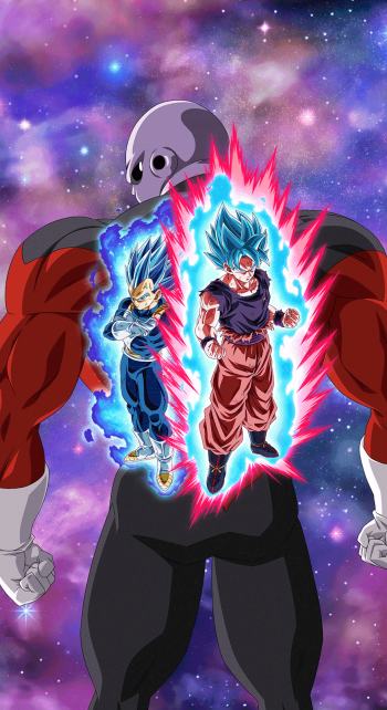 A dynamic phone wallpaper featuring Jiren from Dragon Ball facing Goku and Vegeta in Super Saiyan Blue Evolved forms, set against a vibrant cosmic background.