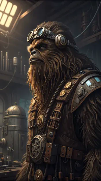 A detailed illustration of Chewbacca, featuring his iconic fur, goggles, and a brown vest adorned with buttons and gadgets, set against a richly designed background.