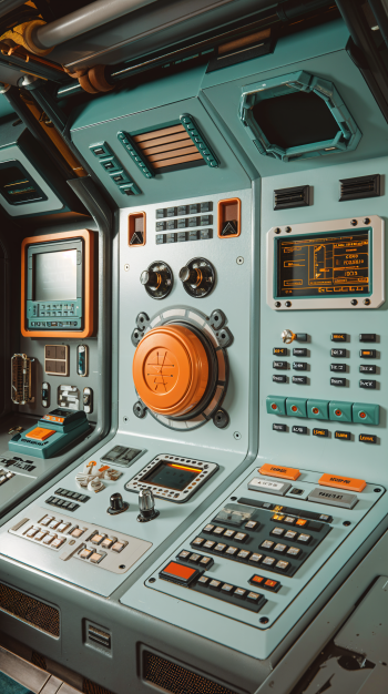 A detailed spaceship control panel featuring various buttons, screens, and switches, designed in a sleek, futuristic style, perfect for a phone wallpaper.