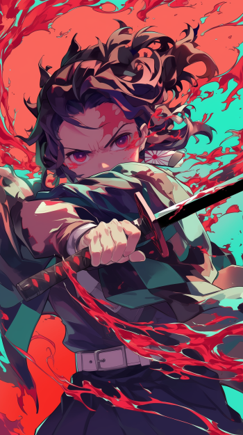 Anime-inspired phone wallpaper featuring Tanjiro Kamado from Demon Slayer: Kimetsu no Yaiba, striking a fierce pose with his sword amidst vibrant, swirling colors and dramatic splashes of red.
