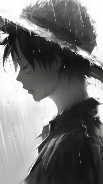 A melancholic black-and-white illustration of Monkey D. Luffy from One Piece, depicted with rain falling around him, showcasing a somber emotional tone, designed as a phone wallpaper.