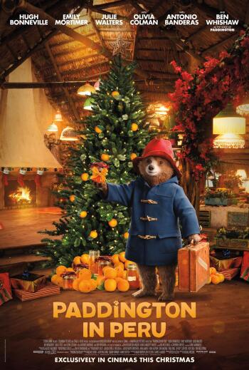A cozy scene from Paddington in Peru, featuring Paddington Bear with a suitcase amidst a festive setting and a decorated Christmas tree. Enjoy this whimsical phone wallpaper.