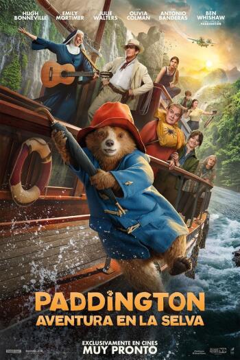 Colorful phone wallpaper featuring Paddington Bear in Peru, set against a vibrant jungle backdrop with characters from the movie Paddington: Aventura en la Selva.