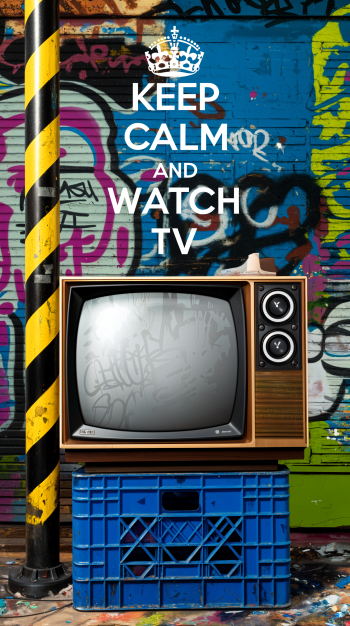 A retro television set sits on a blue crate against a vibrant, graffiti-covered wall. The text reads, KEEP CALM AND WATCH TV, making it an engaging phone wallpaper.
