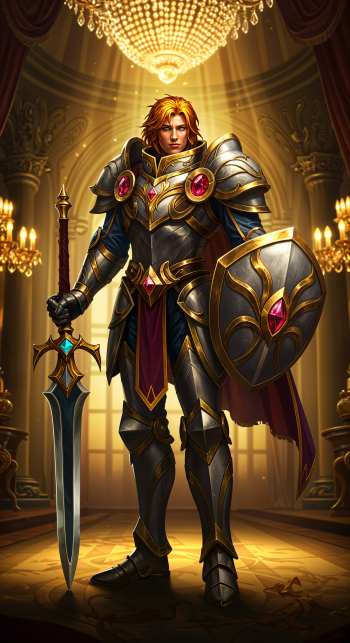 A striking phone wallpaper featuring Taric from League of Legends, depicted in ornate armor with a gleaming sword and shield, illuminated by soft light in an opulent hall.