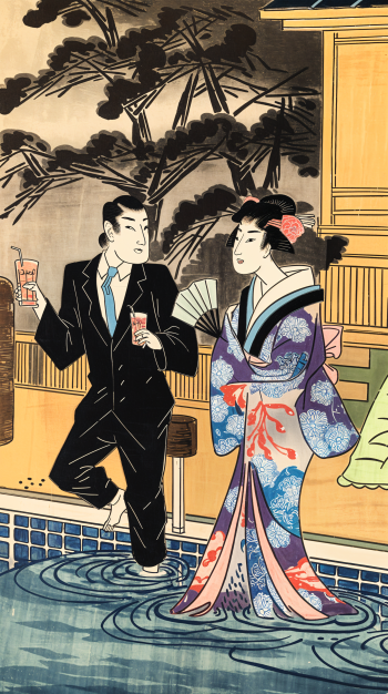 A vibrant illustration of a man and woman enjoying drinks by a pool, framed by lush trees, captures a serene poolside vibe. This work makes an engaging phone wallpaper.