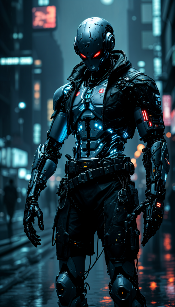 A striking cyborg stands in a neon-lit urban setting, showcasing a sleek design with glowing blue and red elements, creating a captivating phone wallpaper.