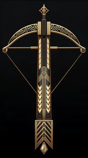A stylized, ornate crossbow design in gold and black, set against a dark background, makes for an eye-catching phone wallpaper.