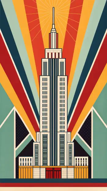 Art Deco-inspired phone wallpaper featuring a stylized skyscraper with striking colors and geometric shapes radiating from the top, creating a dynamic visual impact.
