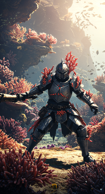 A fierce knight in ornate armor adorned with coral stands poised in a vibrant underwater scene, showcasing elements from Monster Hunter, perfect for an engaging phone wallpaper.