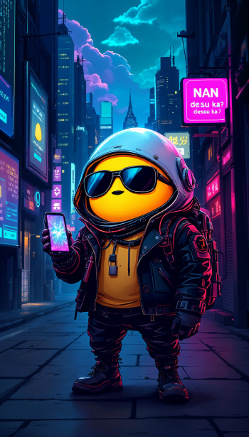 A stylish Gudetama character in a futuristic cityscape, wearing sunglasses and a space helmet, holding a smartphone against a vibrant, neon backdrop.