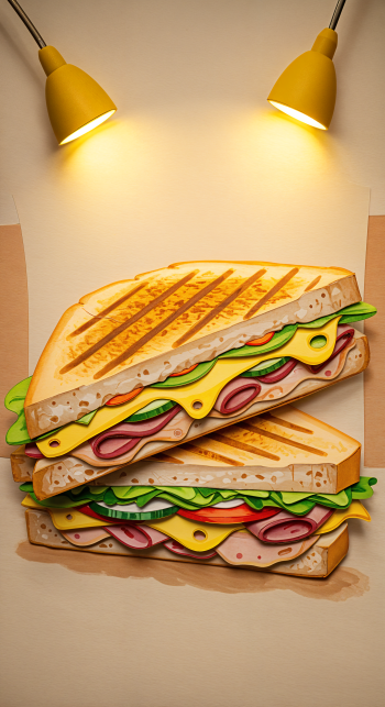 A colorful illustration of stacked panini sandwiches, illuminated by two yellow lamps, creating a vibrant phone wallpaper.